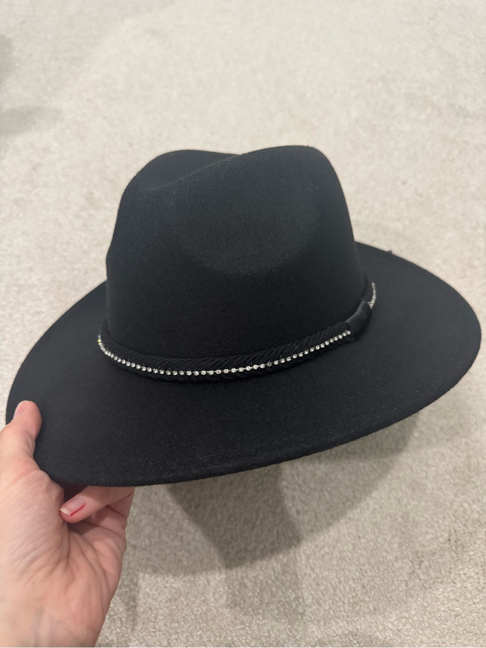 Black Wide-Brim Fedora Hat with Rhinestone Band